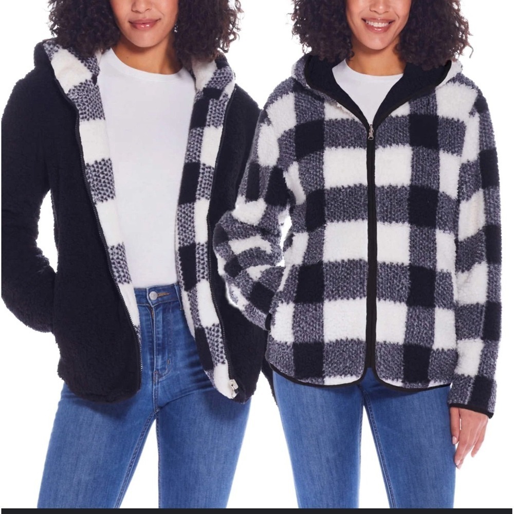 Weatherproof Women's Buffalo Check Reversible Fleece Hooded Jacket